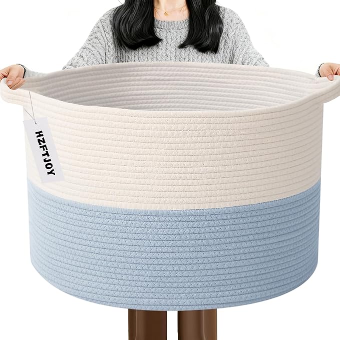 65L Extra Large Woven Blanket Basket, Laundry Basket-White&Blue | Collapsible, reinforced handles, nursery storage bin organizes clothes, toys and pillows for living room, bedroom bathroom