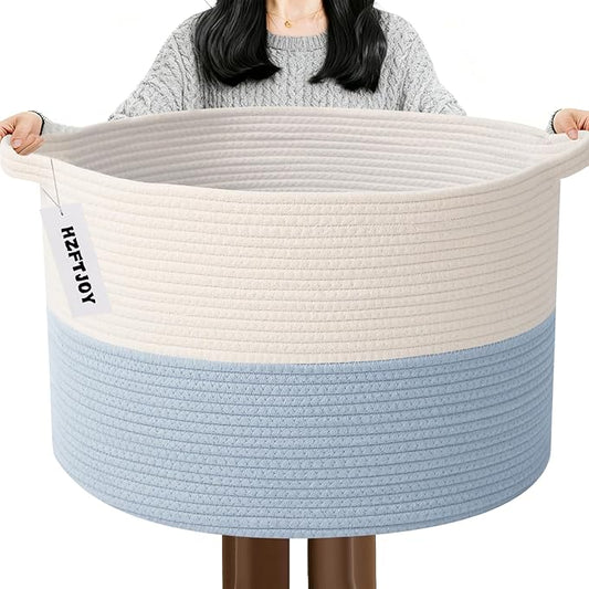 65L Extra Large Woven Blanket Basket, Laundry Basket-White&Blue | Collapsible, reinforced handles, nursery storage bin organizes clothes, toys and pillows for living room, bedroom bathroom