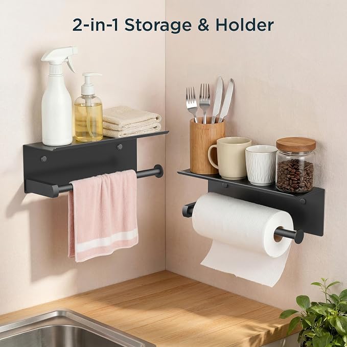 FORIOUS Wall Mount Paper Towel Holder with Shelf for Kitchen, Matte Black | Heavy Duty SUS304 Stainless Steel Paper Roll Organizer with Storage Spice Shelf, Screw-in for Bathroom, RV & Garage