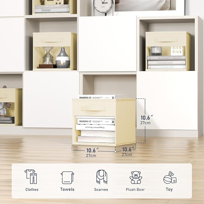 DIMJ Cube Storage Bin, 6 Packs Collapsible Storage Bins with Handles, Fabric Bins for Organization, Cube Storage Organizer Bins for Closet Organization and Storage, Beige
