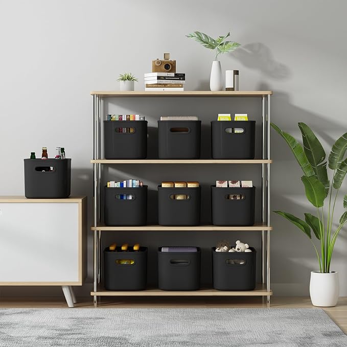 ORGIDOL 8 Pack Black Storage Bins with Lids Stackable Storage Container for Organizing, Black Storage Boxes with Handle for Shelves, Cute Organizer Bins for Craft, Snacks, 9.85x6.9x5.7 inch