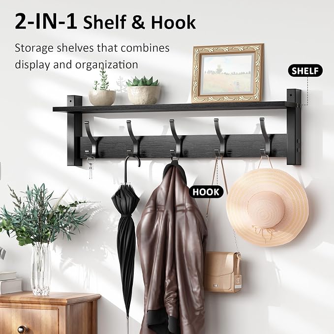 Optish Coat Rack Wall Mount with Shelf, 24 Inch Coat Hanger Walls Mounted, Hat Rack for Walls, Shelf with 5 Coat Hooks, Wall Hanger for Entryway (Black)