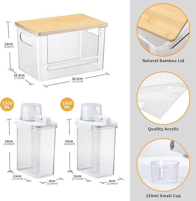 Trash Bag Dispenser Holder, 3-in-1 Laundry Detergent Dispenser Under Sink Organizer Box & Bamboo Lid, Clear Laundry Room Organization and Storage, Kitchen Garbage Bags Storage Container