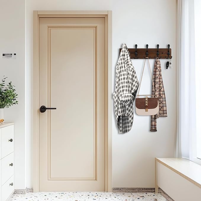 Wooden Coat Rack Wall Mount Heavy Duty, 2 Pack Coat Hanger Wall Mount with 5 Triple Hooks for Clothes, Jacket, Hat, Keys, Space Saving Entryway Organizer for Mudroom (‎Brown Plate & Black Hooks)