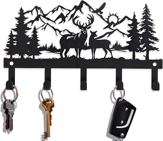 Deer Mountain Metal Key Holder Wall Mount Key Holder for Wall Rustic Cabin Decor Key Rack Hooks Hanger Woodland Wildlife Wall Art Entryway Organizer Housewarming Hunting Gifts