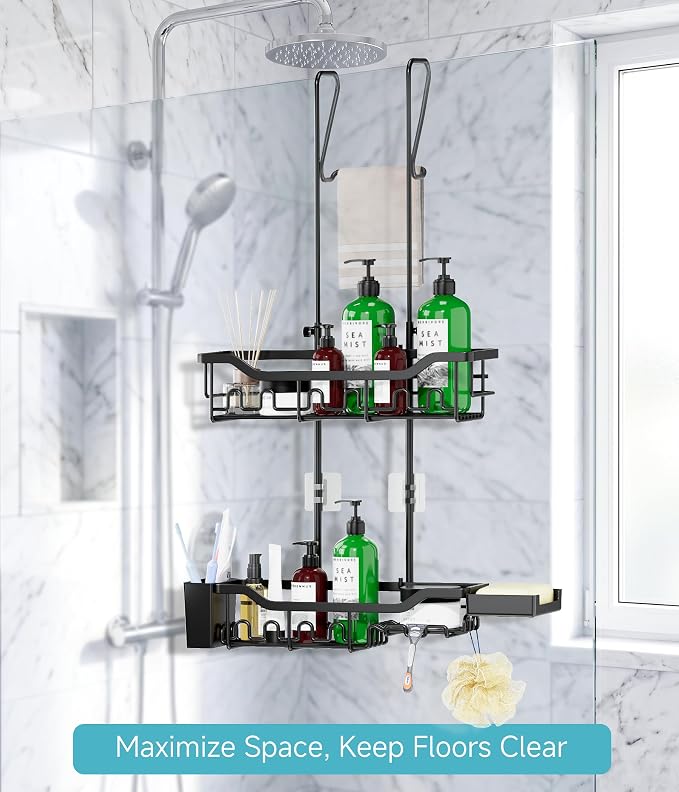 Shower Caddy Hanging Over the Door, Upgraded Extended Length Shower Organizer, Rustproof Bathroom Rack with Hooks Soap Holder