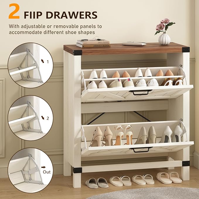 Fluted Shoe Cabinet Storage with 2 Flip Drawers for Entryway, Hallway | Narrow Shoe Rack Freestanding Shoe Organizer with Legs for Entryway，Hallway, Brown & White