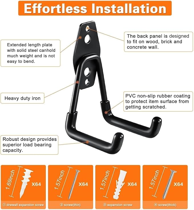 GUDEMAY 32 Pack Steel Garage Hooks Heavy Duty, Utility Wall Mount Hook with Anti-Slip Coating, Hanger & Organizer for Bulk Items, Bikes, Ladders, Power Tools, Ropes, and More Equipment