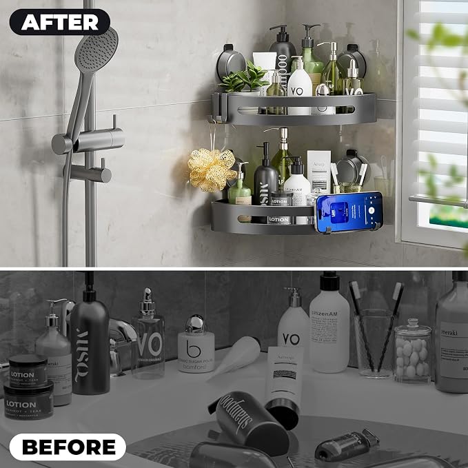Shower Caddy Corner,Suction Cup Shower Caddy with Hooks,No Drilling Rustproof Aluminum Bathroom Organizers and Storage,Shelves for Bathroom Accessories Decor (1)