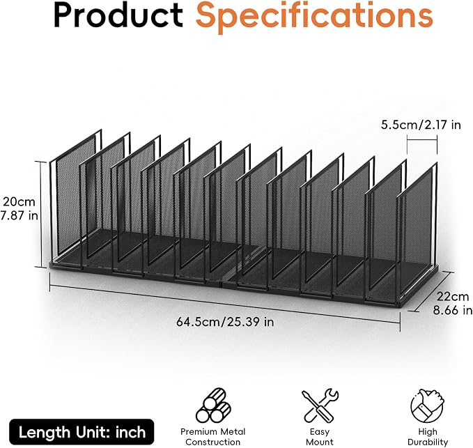 File Organizer For Desk, 11 Section Metal Desk File Sorter, Black | Desk file organizer, connectable 11 section design, 2.17 in spacing, vertical folder storage for home office and classroom