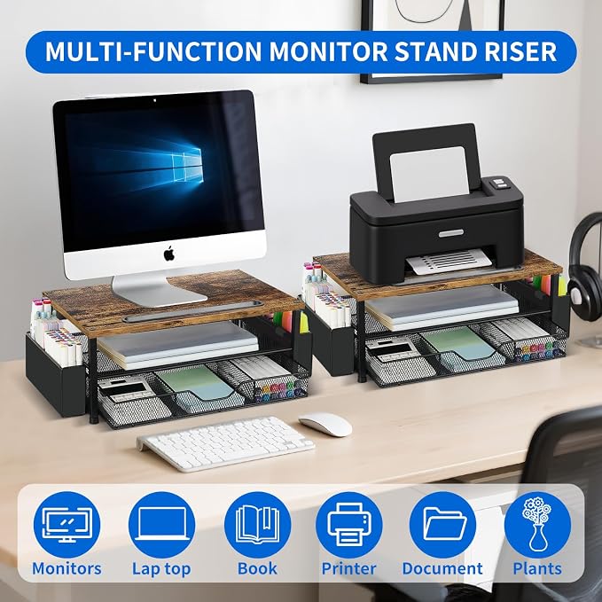 AUPSEN Wood Desk Organizers and Accessories, 2-Tier Computer Monitor Stand Riser with Drawer, Pen Storage & Phone Holder, Office Desk Accessories, Workspace Desktop Organization for Office Supplies（Brown）