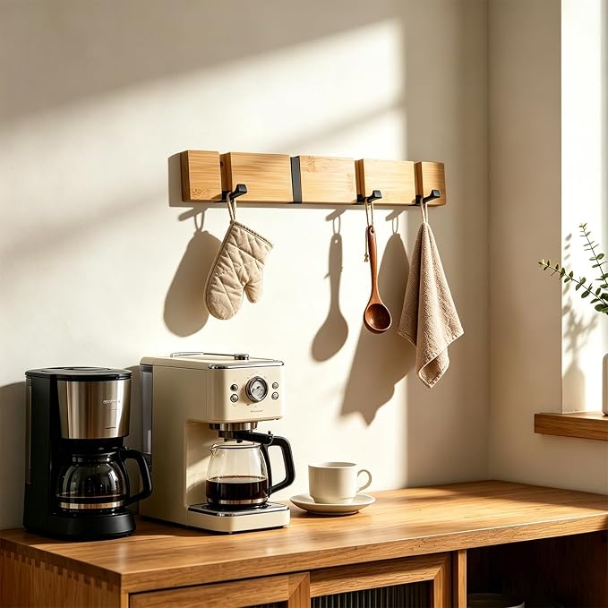 Wall Mounted Coat Rack, Heavy Duty Folding Coat Hooks Wood Retractable Wall Hooks for Hanging Purse Clothes Keys, Towel Hooks Rack for Bathroom Wall Coat Hanger for Entryway (4 Hooks,Nature)