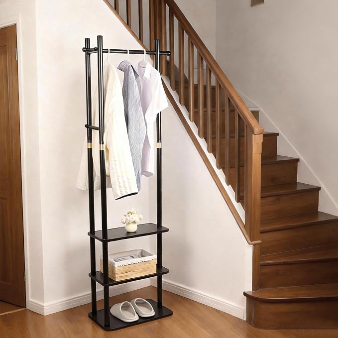 Wood Coat Rack Freestanding Clothing Rack with 3 Shelves and 5 Hooks | Heavy Duty Coat Tree Garment Rack Coat Hanger Stand for Corner Entryways Living Rooms and Bedrooms, Black