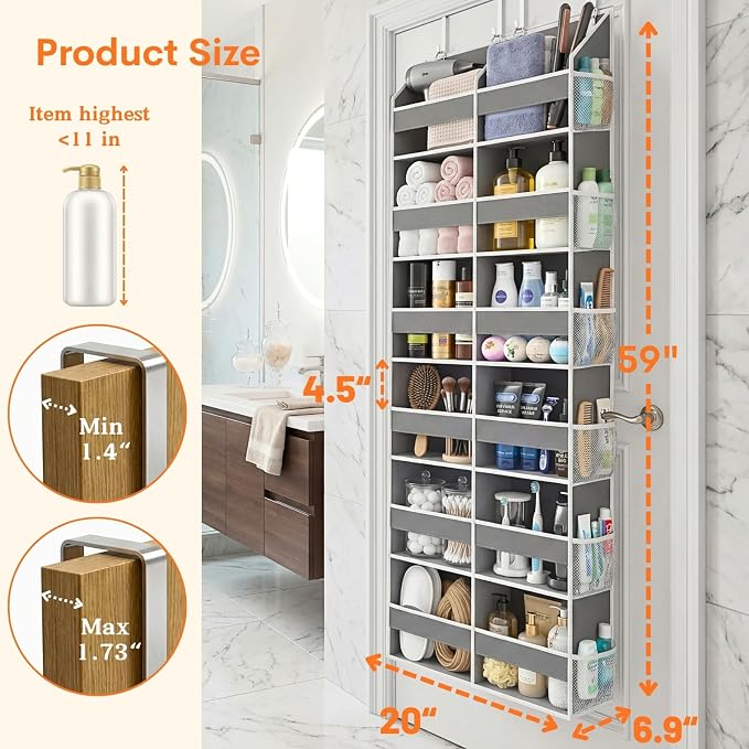Over the Door Organizer 6 Tiers, Extra Large Behind Door Storage of 12 Compartments, 80 lbs Weight Capacity Hanging Storage Organizer with Clear Window Kids Toys, Shoes, Diapers, Room storage