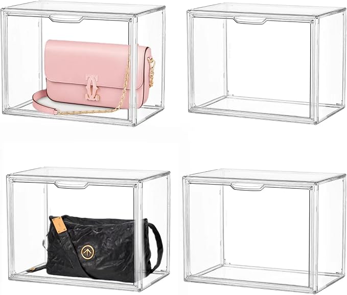 LXLXXL Acrylic Display Case, 4-Pack XL Stackable Bins with Magnetic Lid | Stackable Storage Bins 4 Pack XL, Clear Acrylic Box with Magnetic Lids for Figures and Cosmetics, Dustproof & Space-Saving