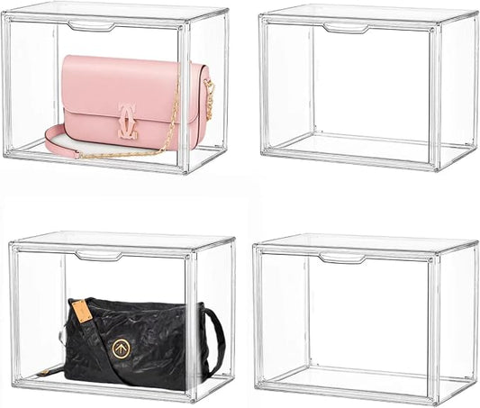 LXLXXL Acrylic Display Case, 4-Pack XL Stackable Bins with Magnetic Lid | Stackable Storage Bins 4 Pack XL, Clear Acrylic Box with Magnetic Lids for Figures and Cosmetics, Dustproof & Space-Saving