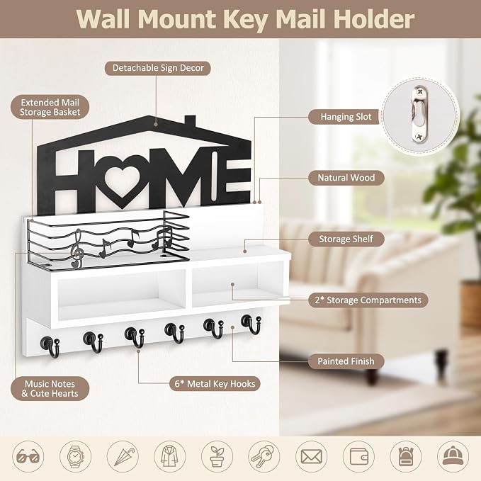 VIS'V Key Holder Wall Mount, Decorative Wood Mail and Key Organizer, White | Contains Iron Storage Basket, Small Shelf, 2 Compartments, 6 Hooks, for Entryway, Hallway, Doorway, Kitchen, Garage, RV