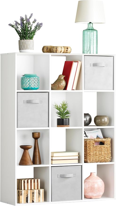 Whitmor 12 Cube Storage Organizer, 4 Tier Stackable Mdf Wood Bookcase, Open Storage Display Bookshelf, Storage Cabinet for Living Room, Bedroom, Home, Office, 35.1"L x 11.6"W x 47.5"H, White