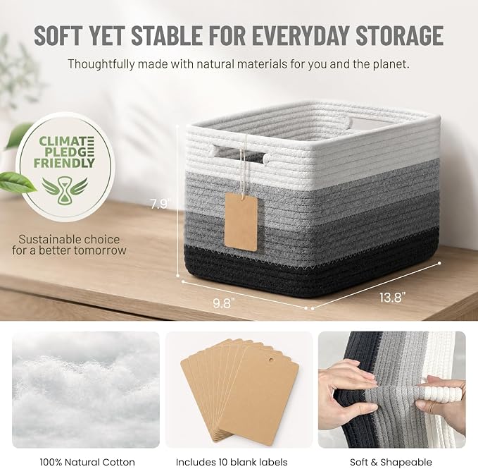 5 Pack Woven Storage Baskets for Shelves Organizing, Decorative Cotton Rope Organization Storage Bins for Socks, Book, Towel, Clothes, Closet, Nursery, Bathroom & Home Decor, Black White Ombre