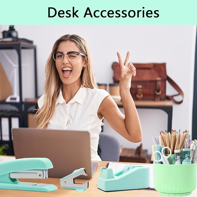 Office Supplies,Green Desk Accessories,Office Supplies Set,Desk Organizer,Stapler,Tape Dispenser,Scissors,Staple Remover,Binder Clips,Staples,Ballpoint Pen,Index Tabs with Ruler,Clear Tape.10pcs