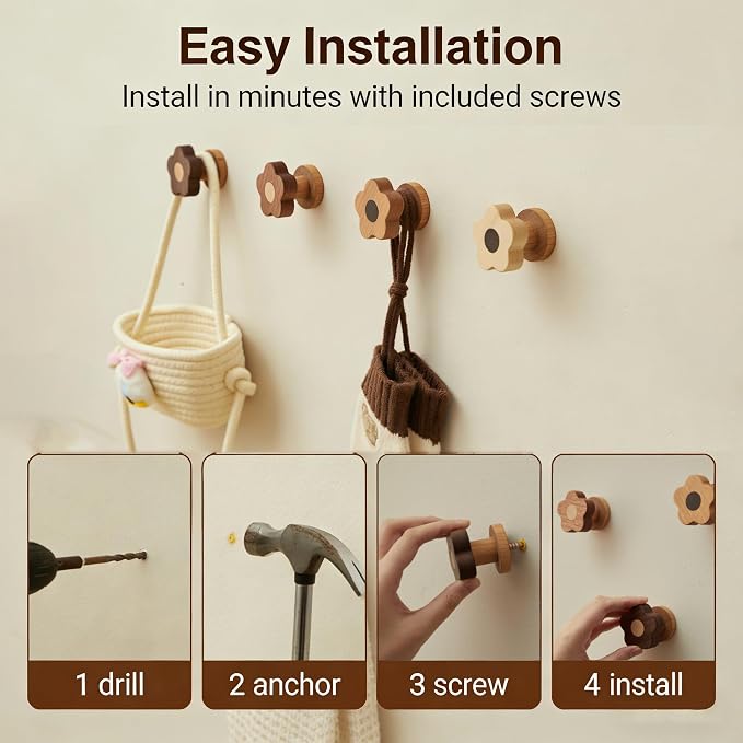 Kids Coat Hooks Wall Mount – Cute Flower Wooden Wall Hooks for Hanging Clothes, Purses, Robes, Towels, Backpacks – Modern Decorative Walnut Hangers for Girls’ Nursery, Bathroom, Entryway & Bedroom