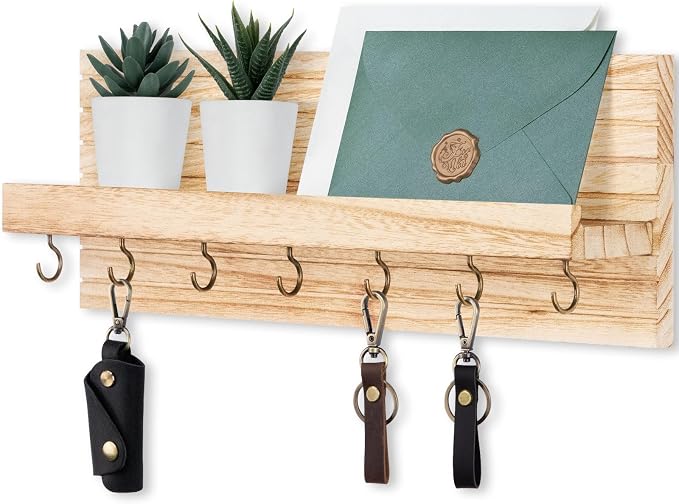 Lwenki Decorative Key Holder for Wall with Shelf, Entryway Shelf with Hooks Holds Leashes, Jackets and Glasses – Sturdy Wood Keyholder Entrance Hanger with Mounting Hardware (Wood, Large)