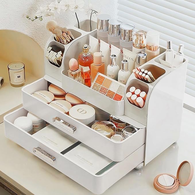 Makeup Organizer with Drawers for Vanity,Bathroom Countertop Organizer with Brushes Holder,Skincare Storage Organizer,Perfect Cosmetic Display Case for Skincare,Lipstick and Beauty Essential