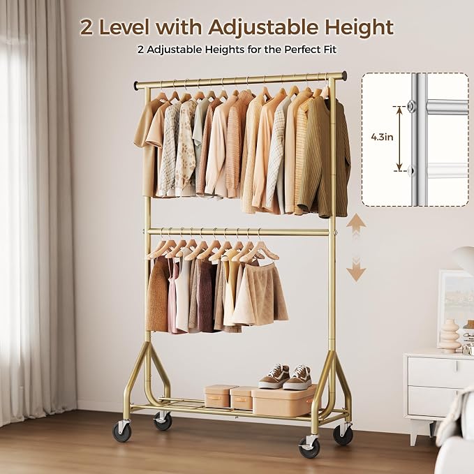 HYSEYY Heavy Duty Clothes Rack, Double Rod Clothing Rack for Hanging Clothes, Rolling Garment Rack, Adjustable Freestanding Wardrobe Closet Coat Rack for Bedroom Laundry Living Room, Gold