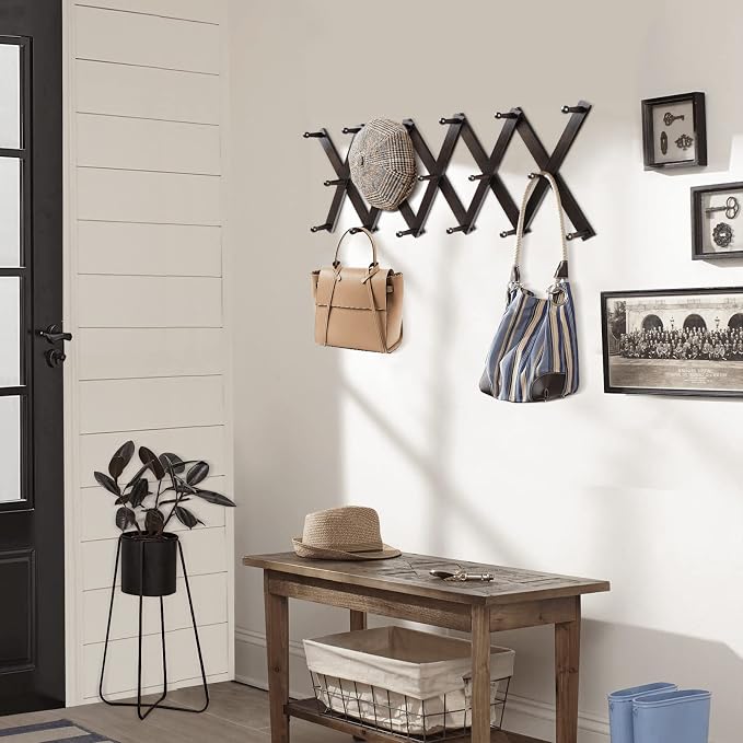 Accordion Wall Hanger, Hat Hangers Wall Mounted, Wood Accordian Coat Rack with 17 Hooks, Expandable Peg Rack Wall Organizer for Hanging Baseball Caps, Hats, Purse, Coffee Cup, Bag, Walnut