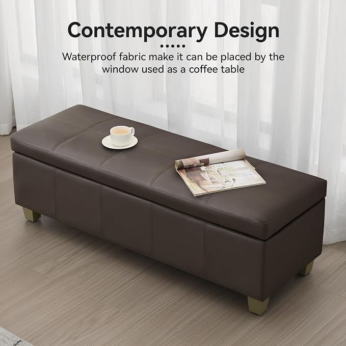 WUTUTUEE 51" Faux Leather Storage Ottoman, Stitch Tufted Rectangle Upholstered End of Bed Storage Bench, Entryway Large Couch Ottoman with Wooden Legs,Brown