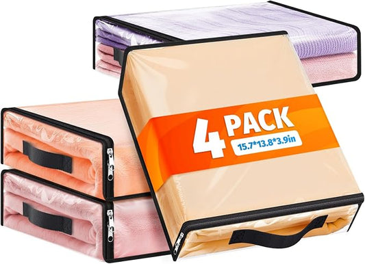 SpaceWhisper Clear Sheet Storage Bags, 4 Pack, 15.7 x 13.8 x 3.9 in | Sheet organizers and storage, zippered closure, thick plastic, reinforced handles, clothes, blankets, under-bed storage