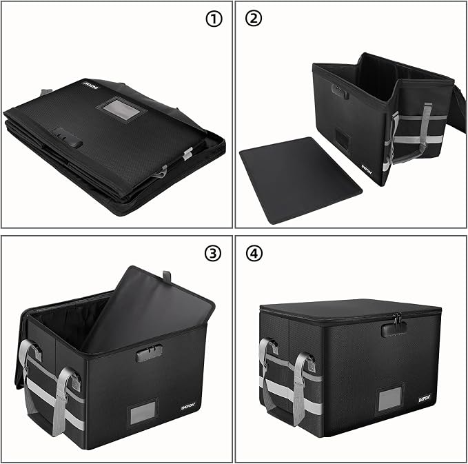 ENGPOW File Box with Lock,Fireproof Document Box with Zipper＆Pockets,Collapsible File Organizer Filing Storage Cabinet with Handle,Portable Home Office Safe for Hanging Letter/Legal Folder,Black