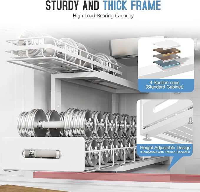 Under Sink Organizer Upgrade To Professional Rails,2-Tier Dual Pull Out Cabinet Storage,Height Adjustable Slide Out Drawers For Bathroom Kitchen,2 Pack-21"Dx12.8"-16.9"H,White
