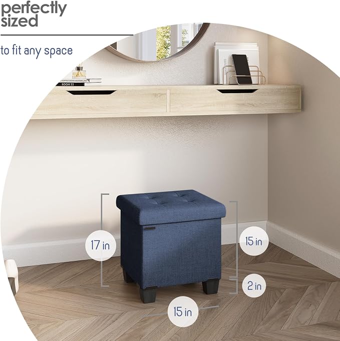 Storage Ottoman Cube with Small Bin, 15-in Square Ottoman with Storage for Living Room and Bedroom, Small Ottomans Foot Rest, Fabric Foot Stools Ottomans Max 330lbs, Blue