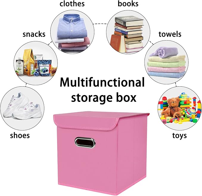 Closet Organizers Fabric Storage Bins With Lids Collapsible Cube Storage Organizer Basket With Handles,Storage Boxes for Clothes Storage,Office,Laundry,Shelves,6 Pack,（Pink）