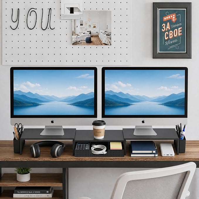 LEKETREE Dual Monitor Stand Riser with Drawer, Desk Organizer and Accessories, Monitor Stand for Desk, Desktop Stand for Computer, Laptop, TV and More (Black)