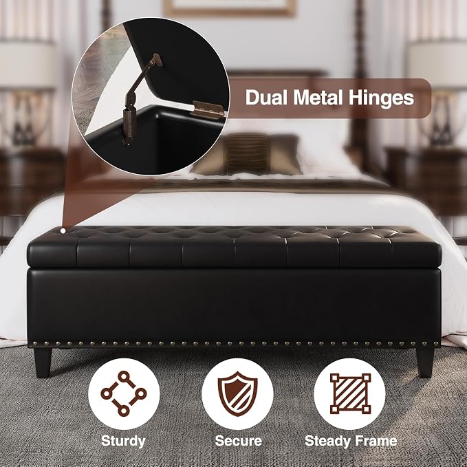 FiveWillowise 51 Inch Storage Ottoman Bench,Large End of Bed Storage Bench | Faux Leather Ottoman with Storage,30 Gallons,Upholstered,with Nailhead Trim,Legs,for Bedroom,Living Room,Entryway,Black