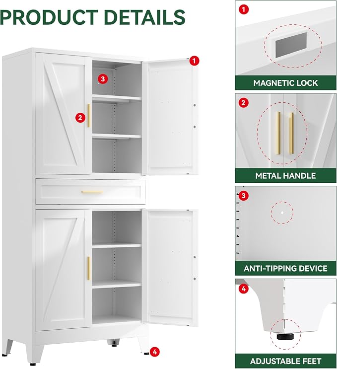 71" Tall Kitchen Pantry Cabinet,Farmhouse Pantry Cabinet,Metal Cabinet with Adjustable Shelves and Drawer,Storage Cabinet for Kitchen Dining Room Garage,White 1 Pack