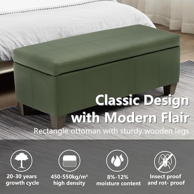 41" Storage Ottoman, Storage Bench with Safety Hinge, Upholstered Synthetic Leather Ottoman Bench for Bedroom, Living Room, Entryway, Hallway, Foot Rest, Support 500lbs