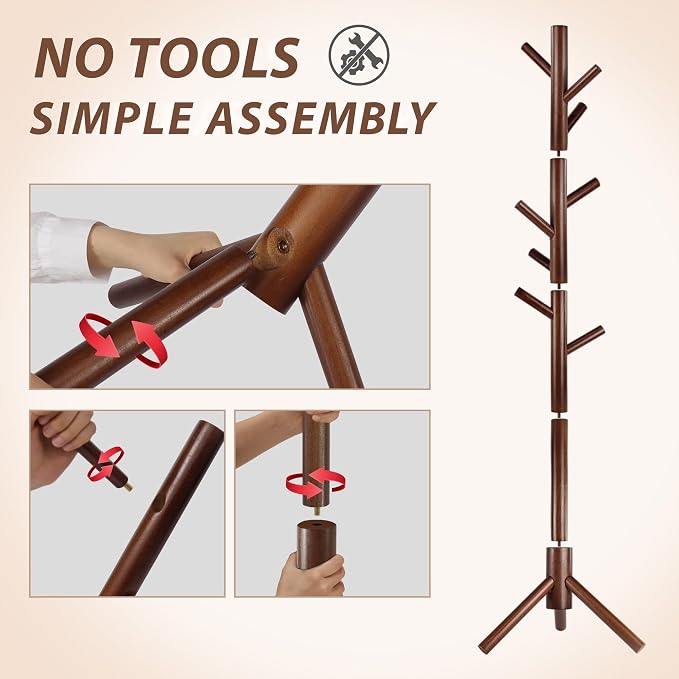 Unisakey 8-Hook Freestanding Wooden Coat Rack 3 Adjustable Heights Brown | Stable Triangular Base for Safety,Durable Construction,Simple Tool-Free Assembly,Ideal for Bedroom Hallway Office Entryway