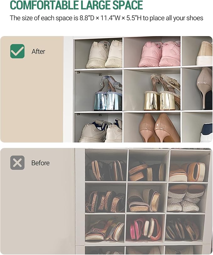 Hzuaneri Shoe Storage Cabinet, 36 Pairs Free Standing Closet Organizer, 9 inch Widened Cell Wood Shoe Organizer, 12 Tiers Vertical Space Saving Shoe Rack for Entryway, Cloakroom, White SR20703X