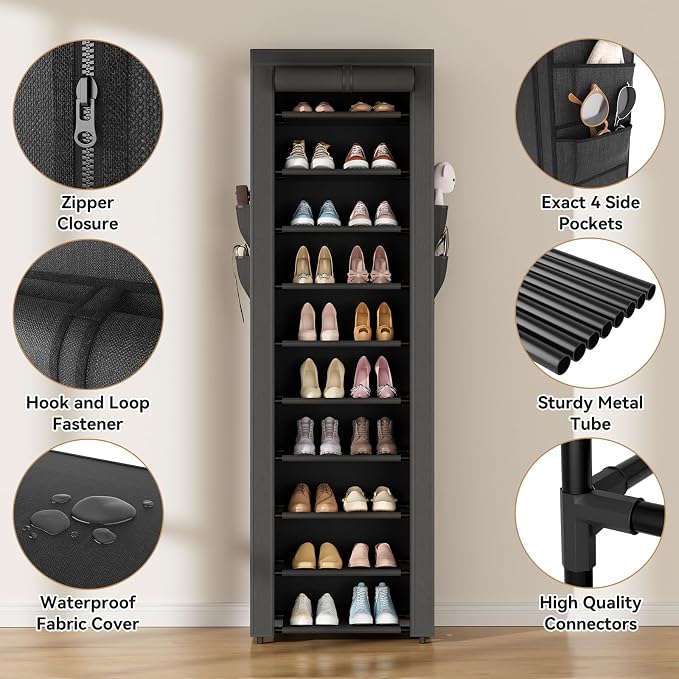 ROJASOP Shoe Rack with Covers 10 Tier Large Shoe Organizer Tall Shoe Closet Storage for 20-22 Pairs Shoe and Boot, Free Standing Shoe Rack Organizer for Closet, Entryway, Bedroom, Black