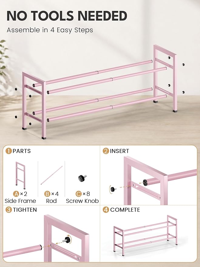 Bumusty 2 Tier Expandable Shoe Rack for Closet, Pink | 18"-33" Adjustable Shoe Rack for Entryway, Small Shoe Organizer for Dorm, Front Door, Sturdy Metal