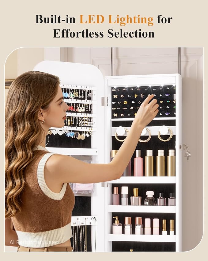 6 LEDs Mirror Jewelry Cabinet Door Hanging, 42.5", Lockable, White | Jewelry Organizer with Full Length Mirror, Wall Mounted Large Jewelry Storage for Earrings, Rings, Necklaces