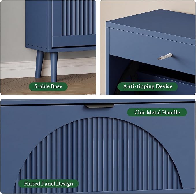 Xixini Shoe Storage Cabinet with 2 Flip Drawers, 36" Tall Narrow Wood Fluted Shoe Organizer for Entryway, Freestanding Wooden Hidden Slim Shoe Rack for Front Door Entrance, Hallway, Foyer, Navy Blue