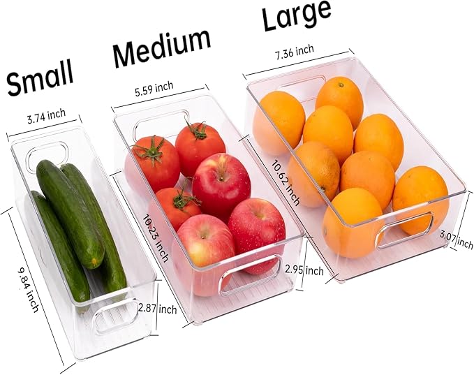 12 Pack Refrigerator Organizer Bins | 3 Sizes Stackable Clear Pantry Storage with Handles for Fridge, Freezer, Shelves, Drawer, Snack Organizer for Home & Kitchen