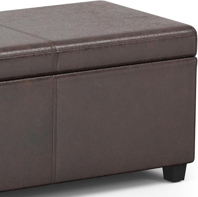SIMPLIHOME Bretton 43" Wide Polyester Fabric Storage Ottoman in Umber Brown | Contemporary lift-top ottoman with high-density foam; rectangle storage bench or coffee table for living room or entryway.