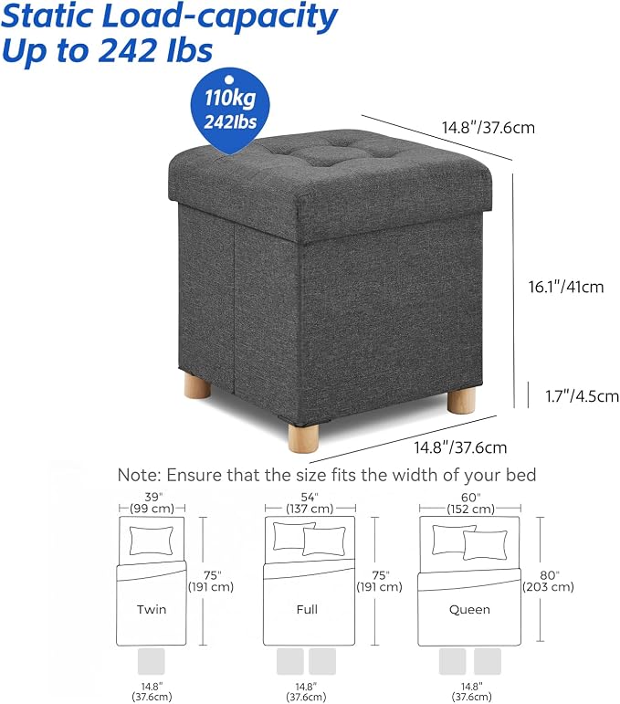 BRIAN & DANY Ottoman with Storage, Square Small Storage Ottoman Foot Rest with Legs, Ottomans Foot Stool for Dorm, Living Room, Entryway 14.8"x14.8"x17.8" (Gray)