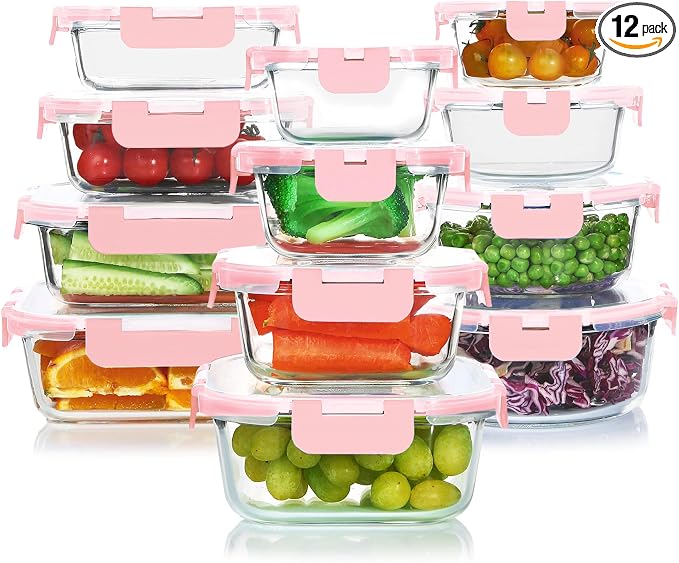 24 Pieces Glass Food Storage Containers Set, Meal Prep Containers, BPA-Free Airtight Glass Storage Containers with lids,Freezer, Microwave and Oven Safe,Pink