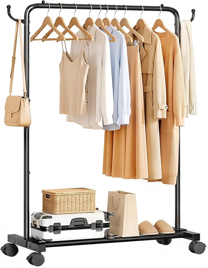 Homde Portable Clothes Rack for Bedroom: 4 Lockable Wheel Move Room-to-Room | Laundry to Closet in 1 Smooth Roll - No Heavy Lifting for Renters & Movers - 88 lbs Hanging Rod for Garment Coat to T-Shirt